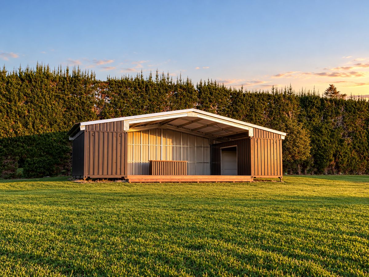 White IronLab roof over two blue shipping containers with a timber deck between them