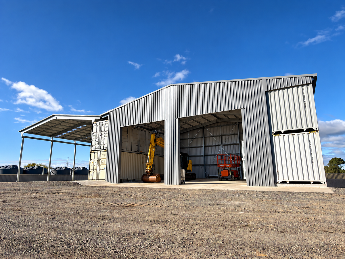 IronLab clear-span steel roof on shipping containers